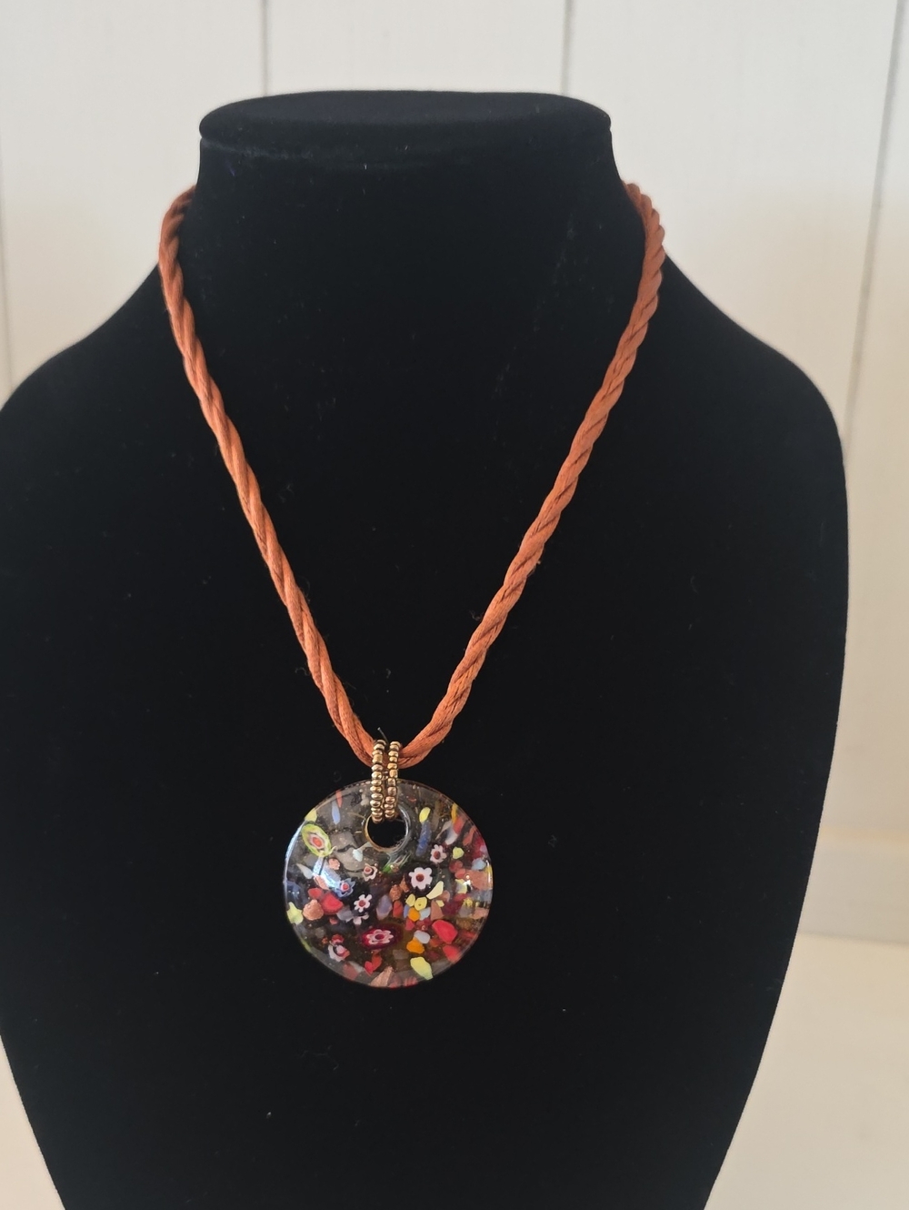 Vintage Glass Pendant On A Braided Rope With Adjustable Chain Clasp